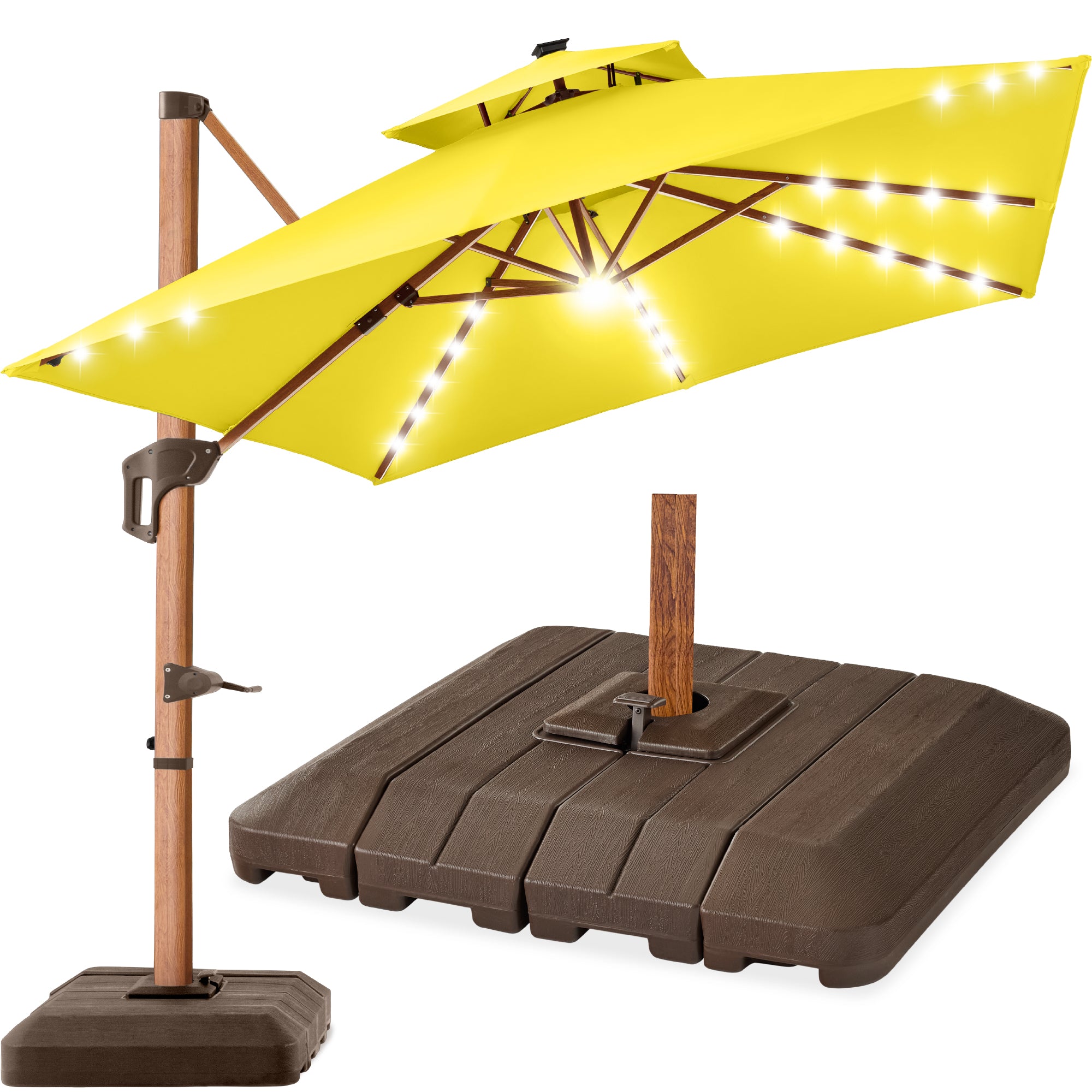 Woodgrain Pattern 2-Tier Outdoor Solar LED Cantilever Umbrella - 10x10ft