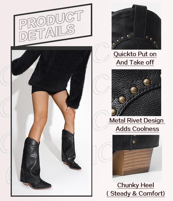 RONILURN Women's Fold-Over Mid-Calf Chunky Heel Snip-Toe Cowboy Cowgirl Pull-On Studded Boots Beige Casual Footwear Stylish RONILURN Women's Fold-Over Mid-Calf Chunky Heel Snip-Toe Cowboy Cowgirl Pull-On Studded Boots Beige Casual Footwear Stylish