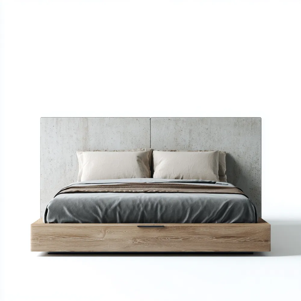 Doppelbett in Holzoptik mit Kopfteil aus Beton – Grau – 200x180 cm