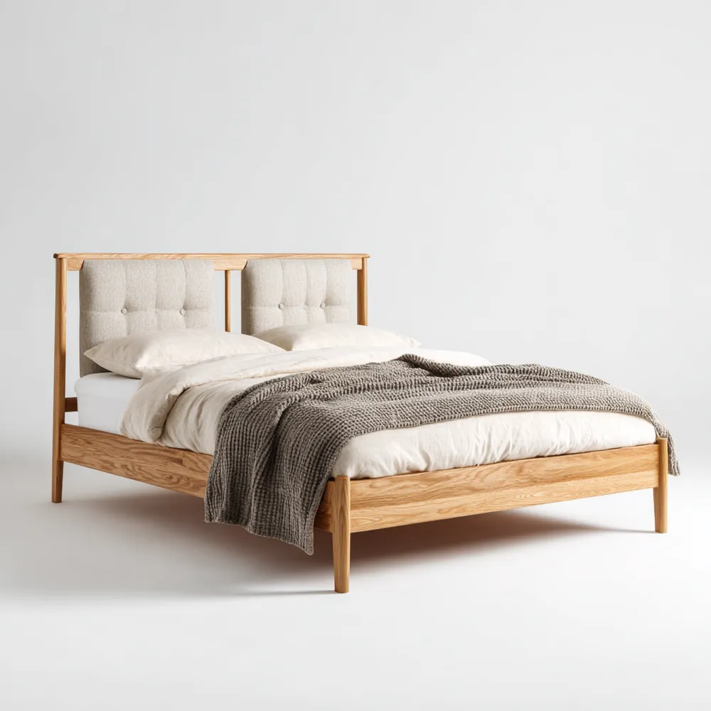 Holzbett mit Leinenkopfteil 200x160 cm – Beige