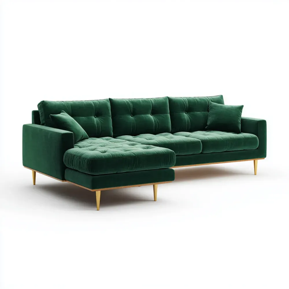 Ecksofa Samt Dunkelgrün mit Holzfüßen