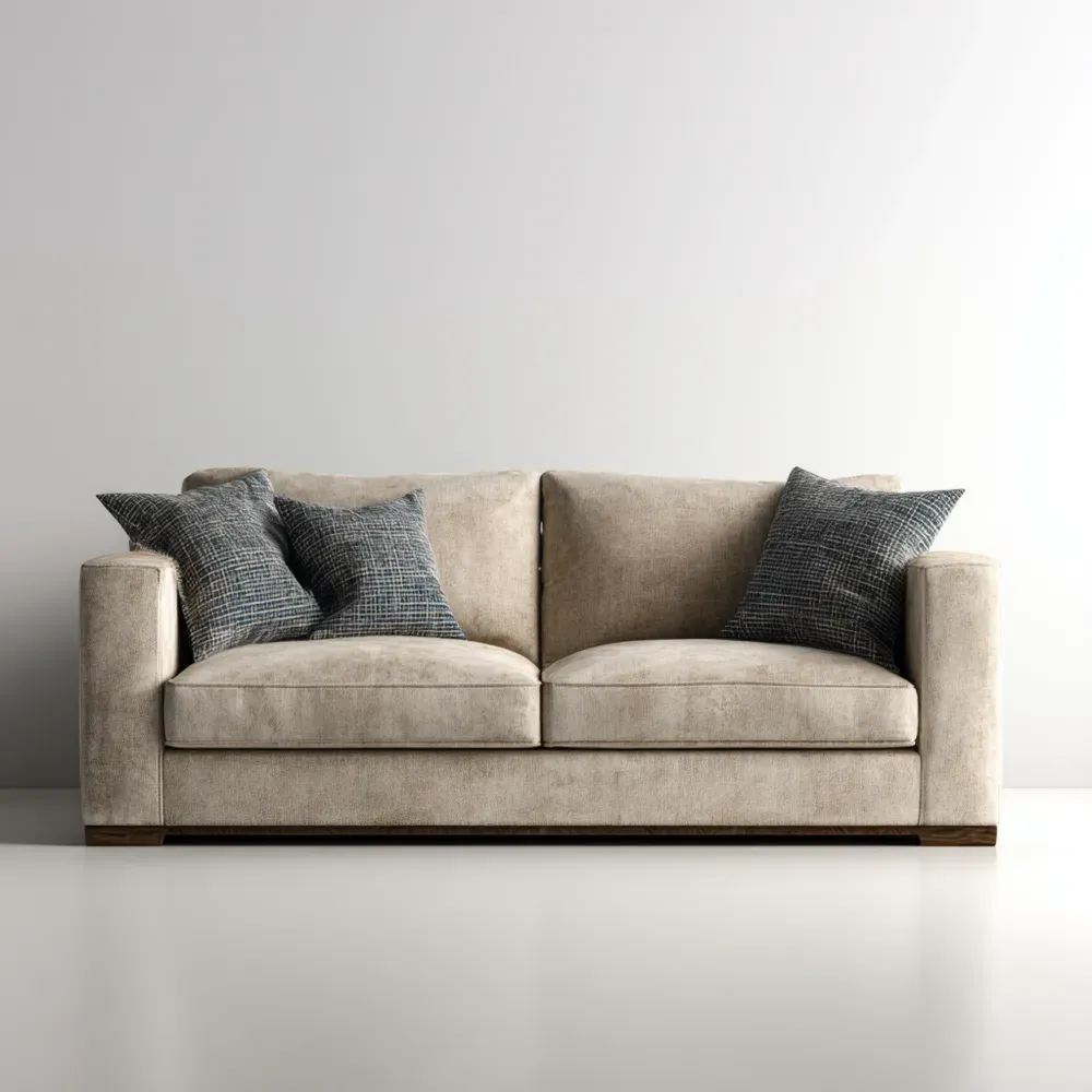 Beiges Sofa mit Mikrofaserbezug und Dekokissen