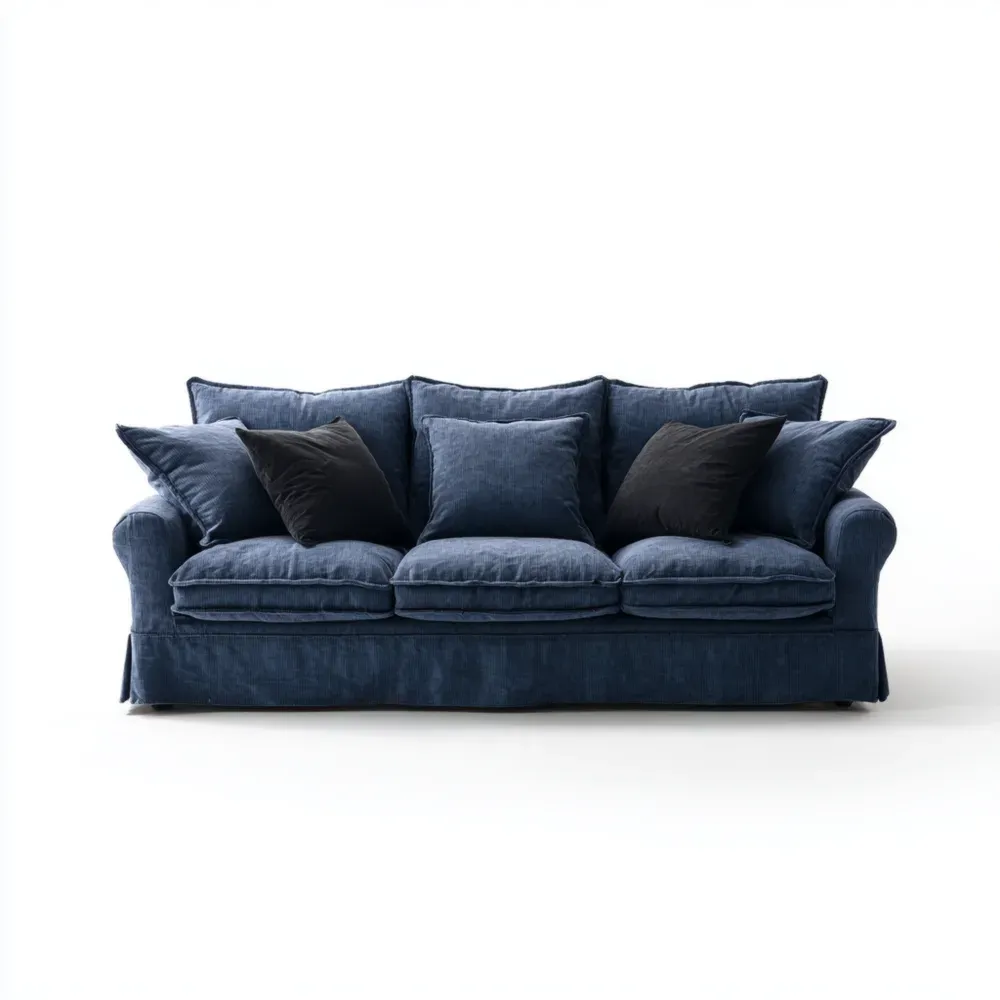 Dreisitzer Sofa Leinen Dunkelblau mit Schwarzen Kissen