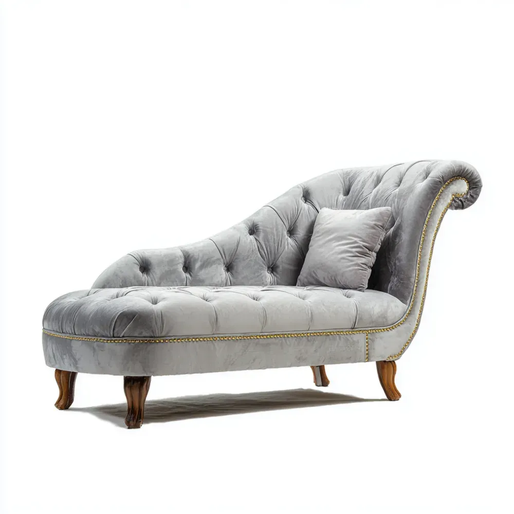 Chaiselongue aus Samt mit Holzbeinen - Hellgrau