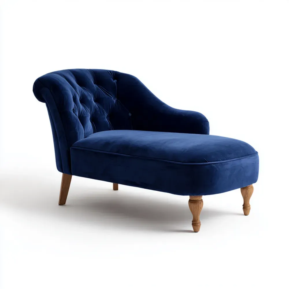 Chaiselongue aus Samt Dunkelblau mit Eichenholzbeinen