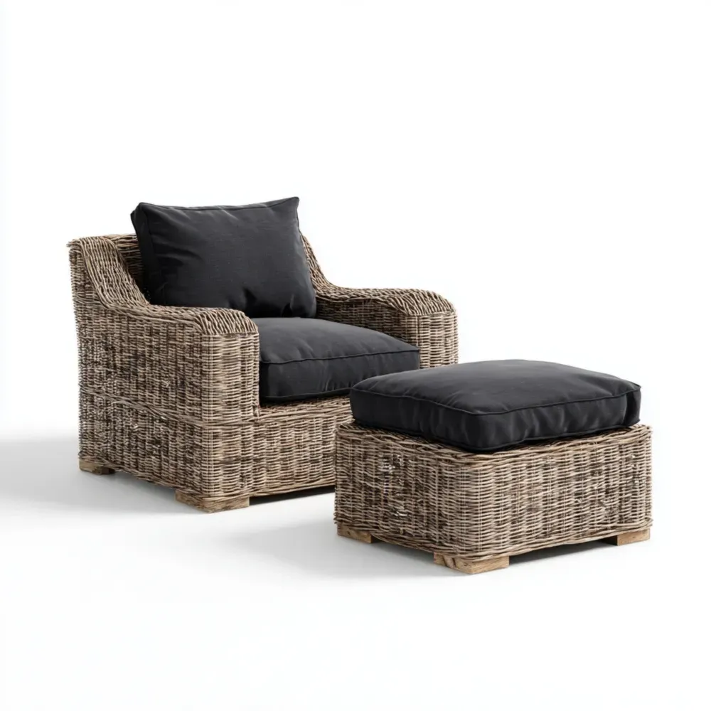 Rattan-Sessel-Set mit Fußhocker – Rattan/Schwarz