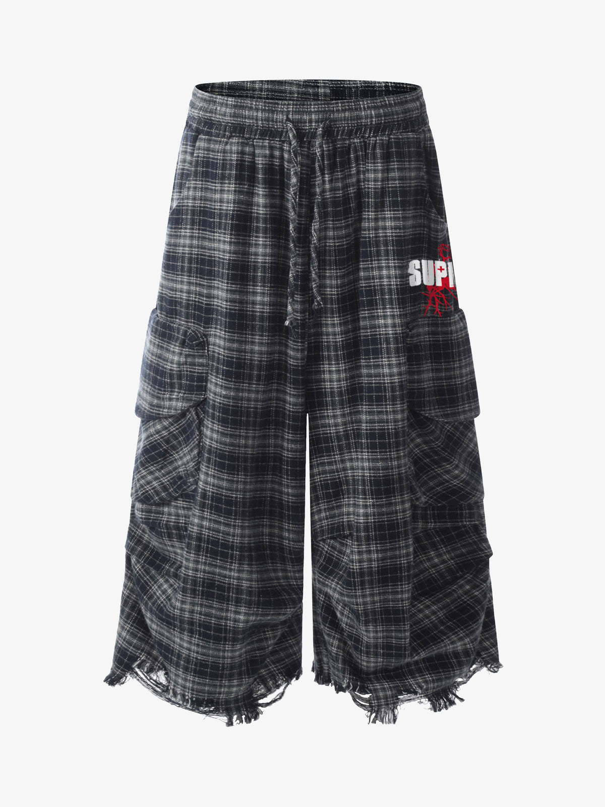 Plaid Linen-Blend Distressed Cargo Cropped Pants