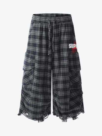 Plaid Linen-Blend Distressed Cargo Cropped Pants