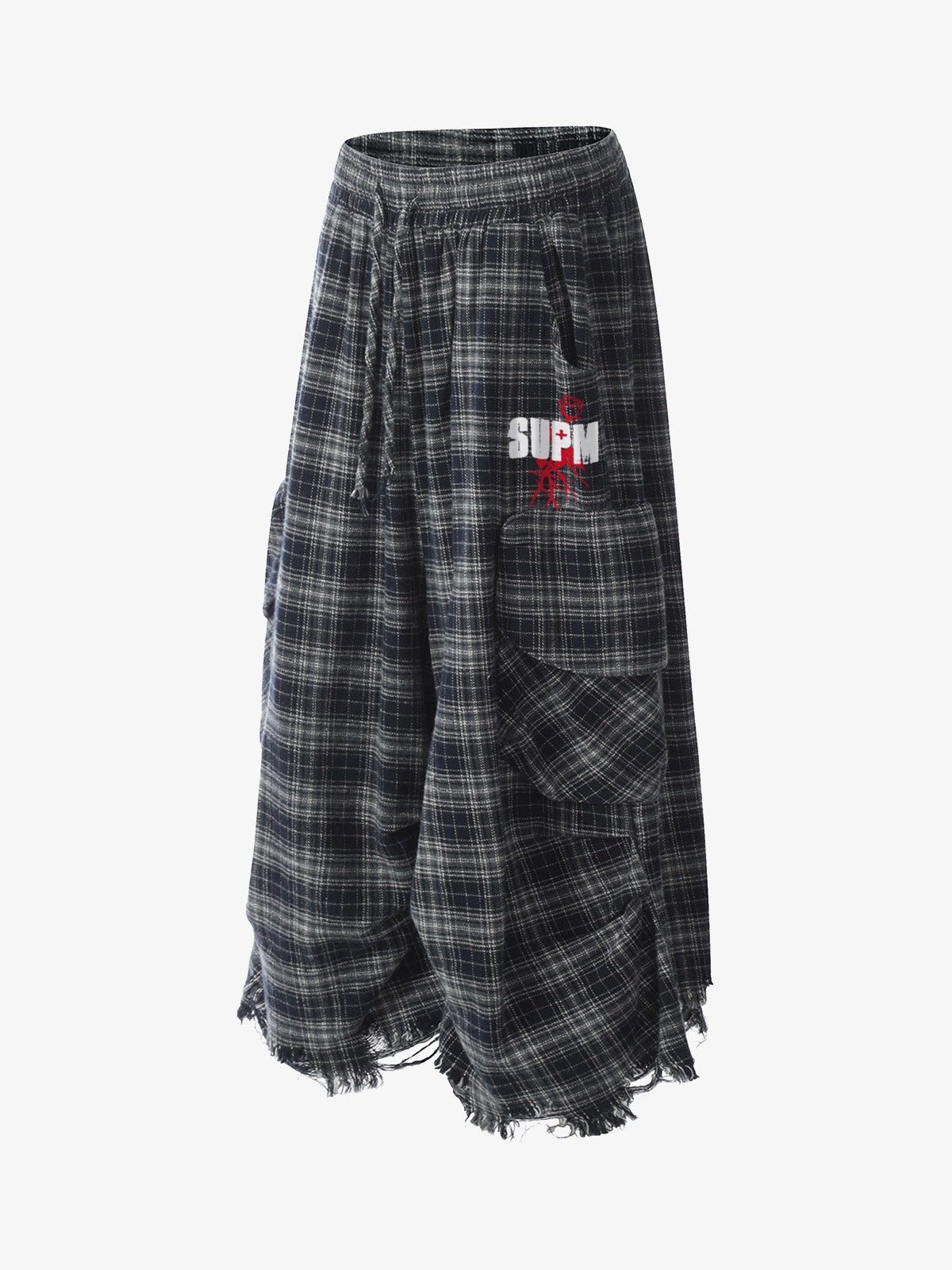 Plaid Linen-Blend Distressed Cargo Cropped Pants
