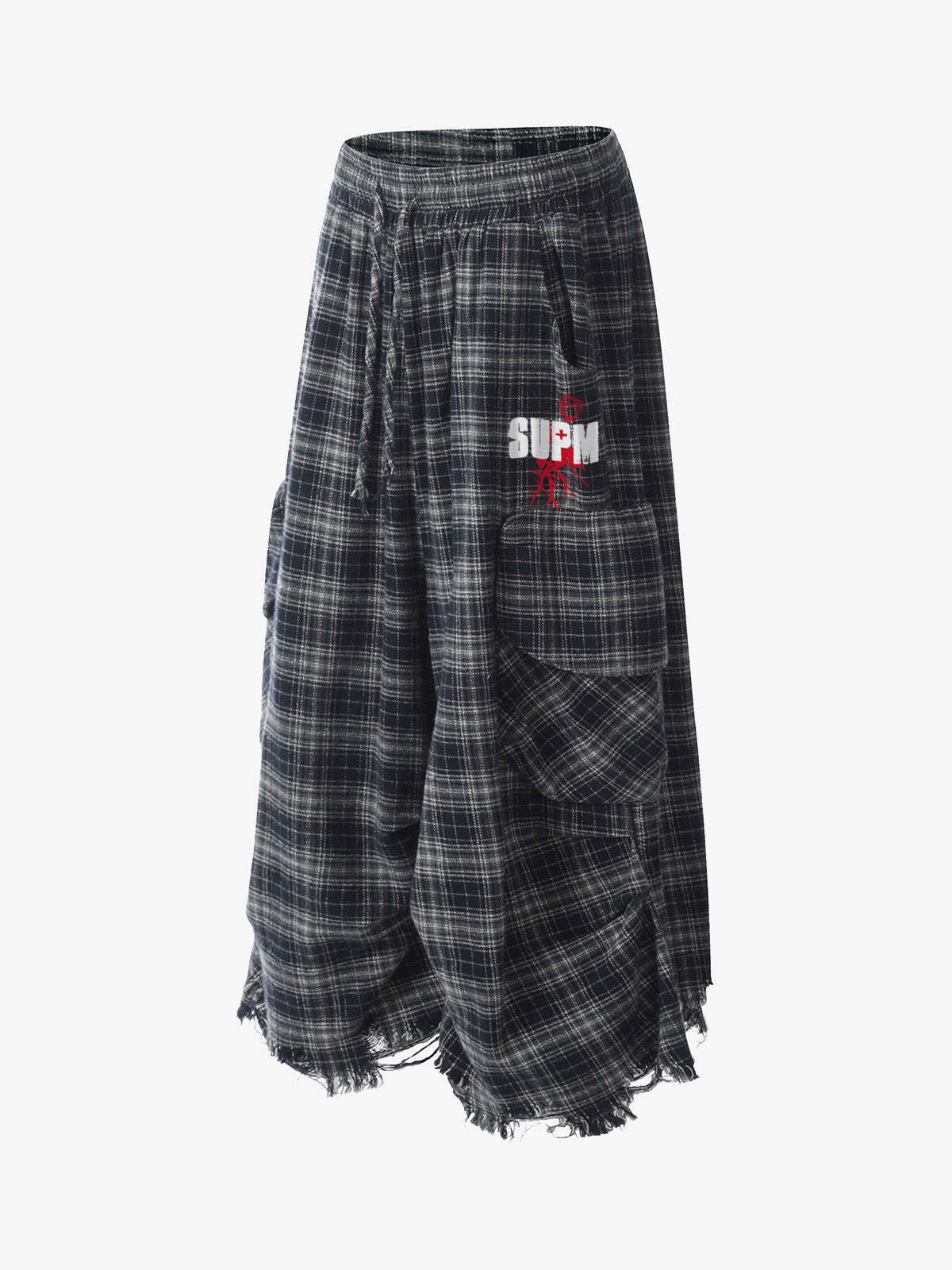 Plaid Linen-Blend Distressed Cargo Cropped Pants