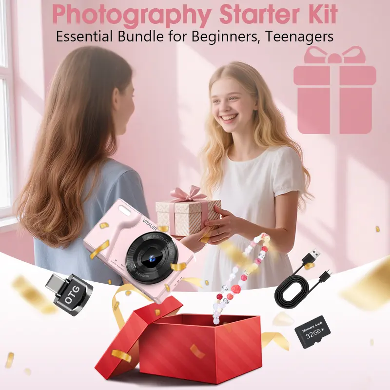 Dual-Camera Digital Camera with Front & Rear Lenses, Beauty Filter, Easy Auto Shooting, Portable Camera with Memory Card Included, OTG Support, Ideal Gift for Teens & Beginners