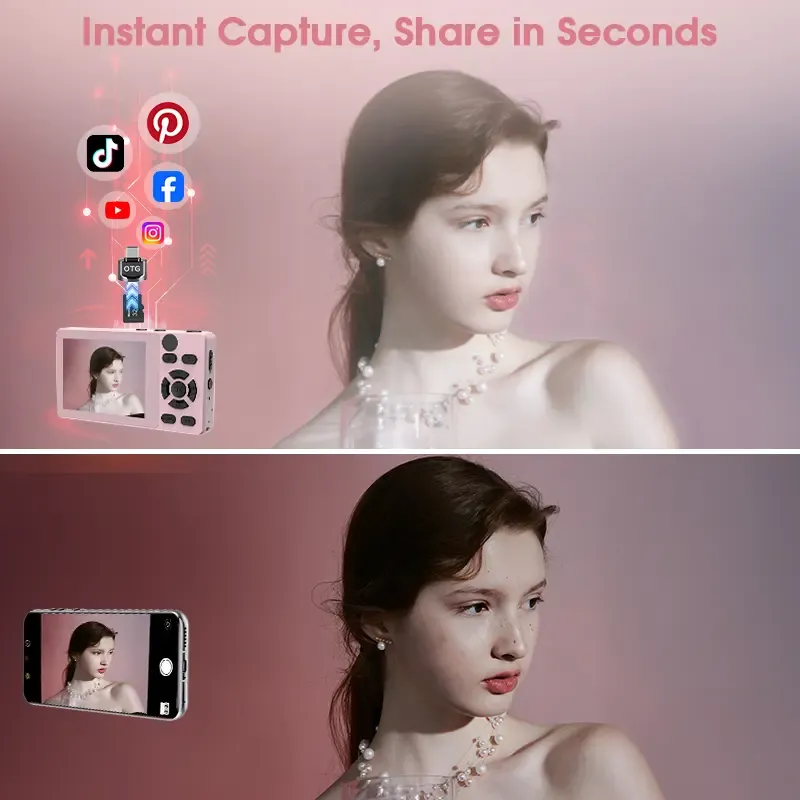 Dual-Camera Digital Camera with Front & Rear Lenses, Beauty Filter, Easy Auto Shooting, Portable Camera with Memory Card Included, OTG Support, Ideal Gift for Teens & Beginners