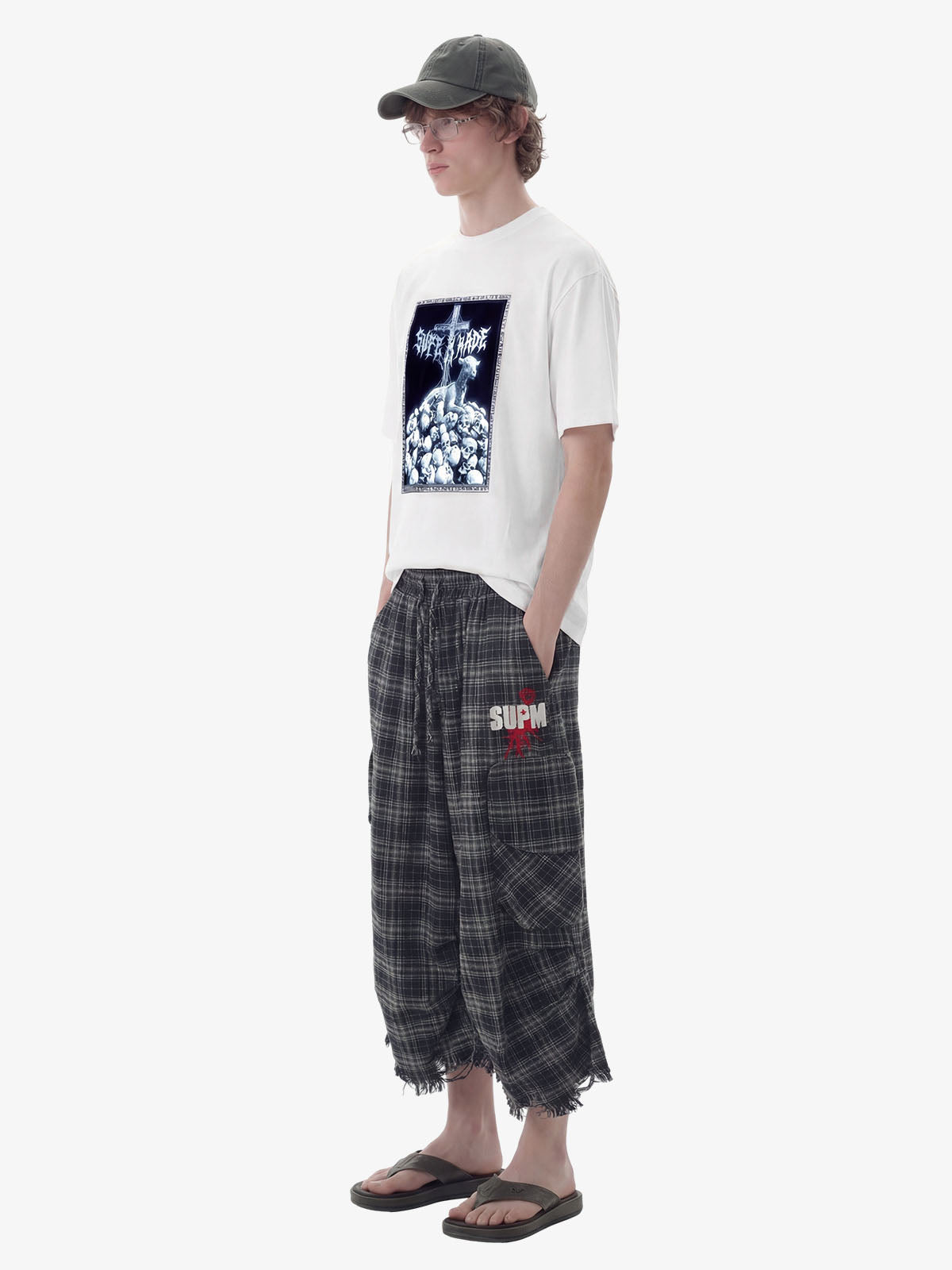 Plaid Linen-Blend Distressed Cargo Cropped Pants