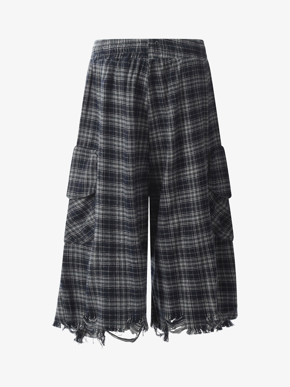 Plaid Linen-Blend Distressed Cargo Cropped Pants