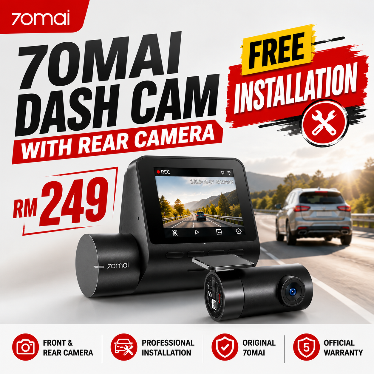 70mai A500s Dash Cam 2.7K Resolution + HDR | Built-in GPS & ADAS | Night Owl Vision | App Control | Loop Recording | Dual Channel Recording