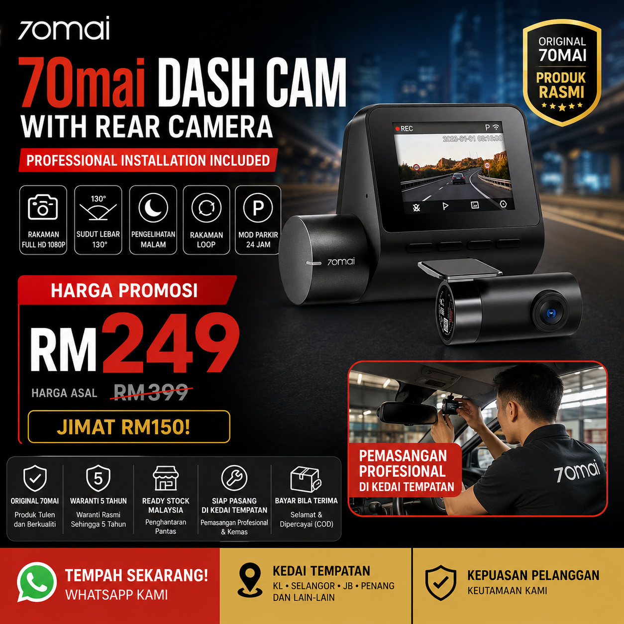 70mai A500s Dash Cam 2.7K Resolution + HDR | Built-in GPS & ADAS | Night Owl Vision | App Control | Loop Recording | Dual Channel Recording