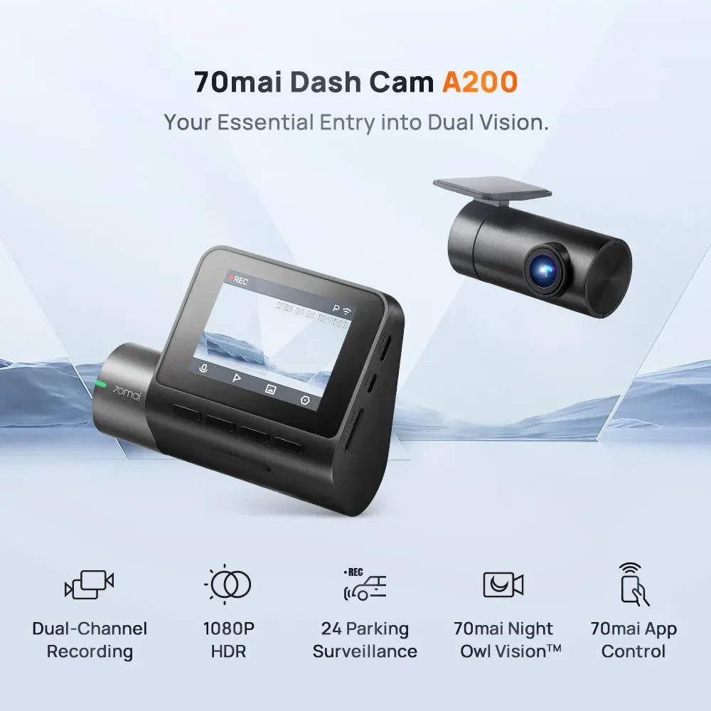 70mai A500s Dash Cam 2.7K Resolution + HDR | Built-in GPS & ADAS | Night Owl Vision | App Control | Loop Recording | Dual Channel Recording