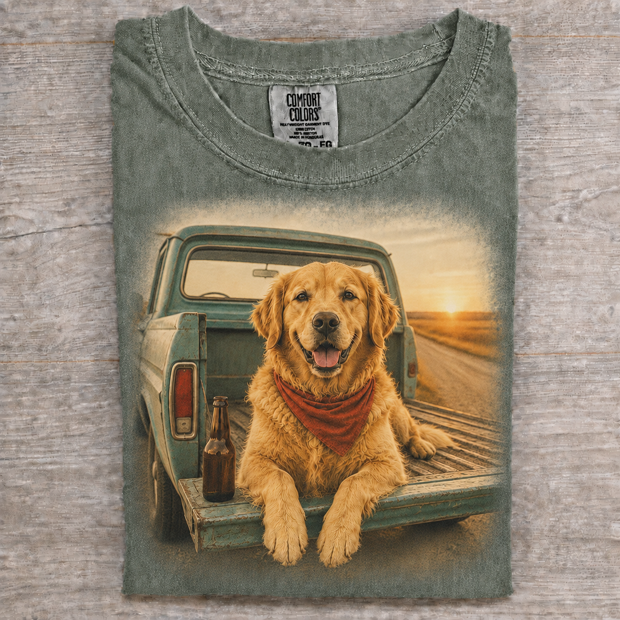 Golden Retriever Pickup Truck Beer T-shirt - Sage