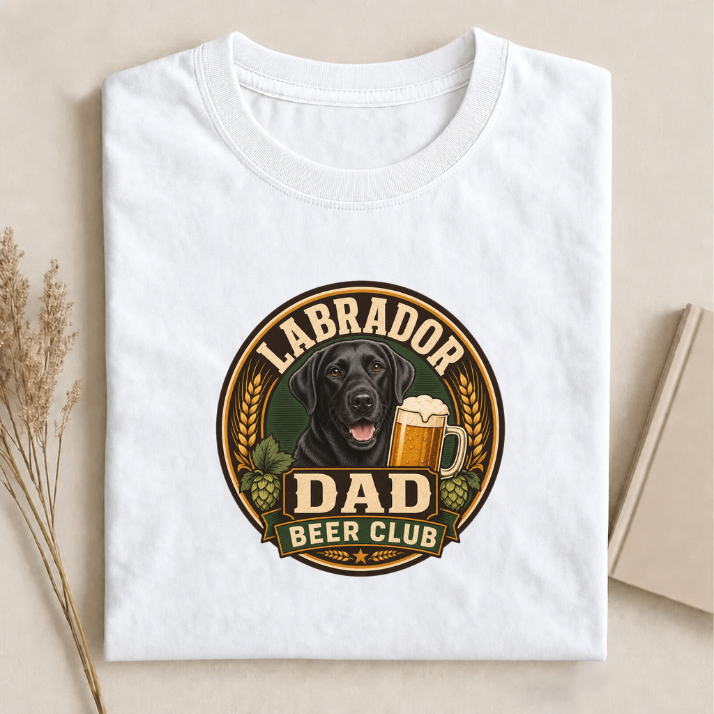 Black Labrador Dad Beer Club Graphic T-shirt on white shirt