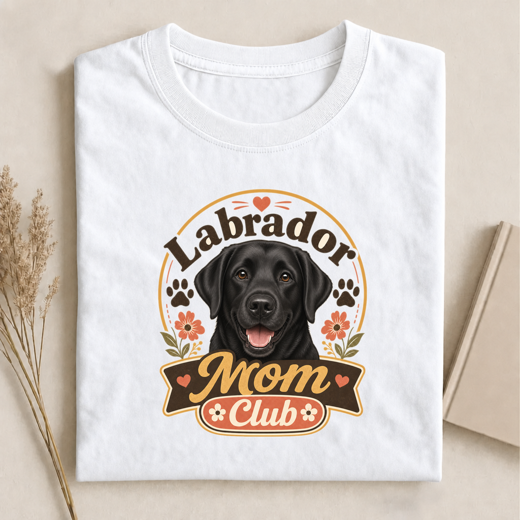 Black Labrador Mom Club Graphic T-shirt on white shirt