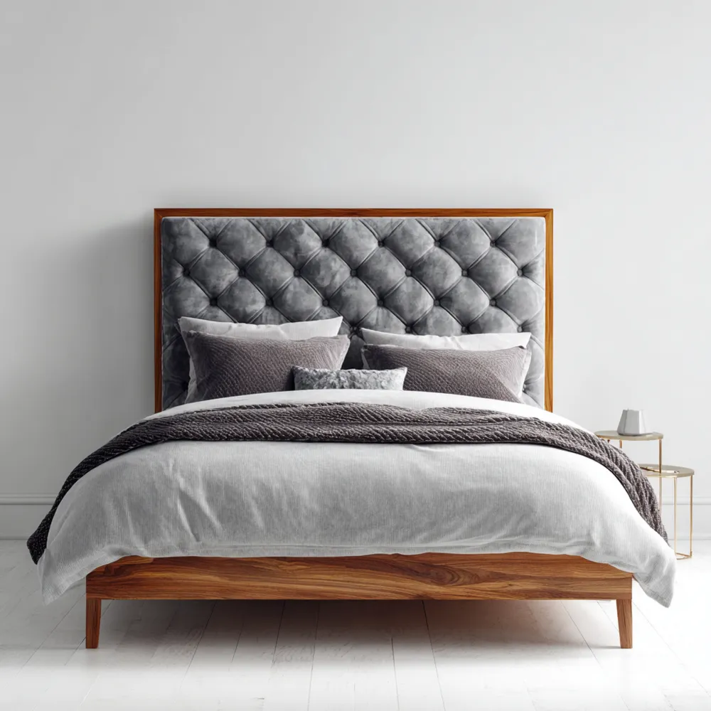 Cama doble 200x160x120 cm - Madera de nogal y tapizado de terciopelo Gris - Diseño moderno