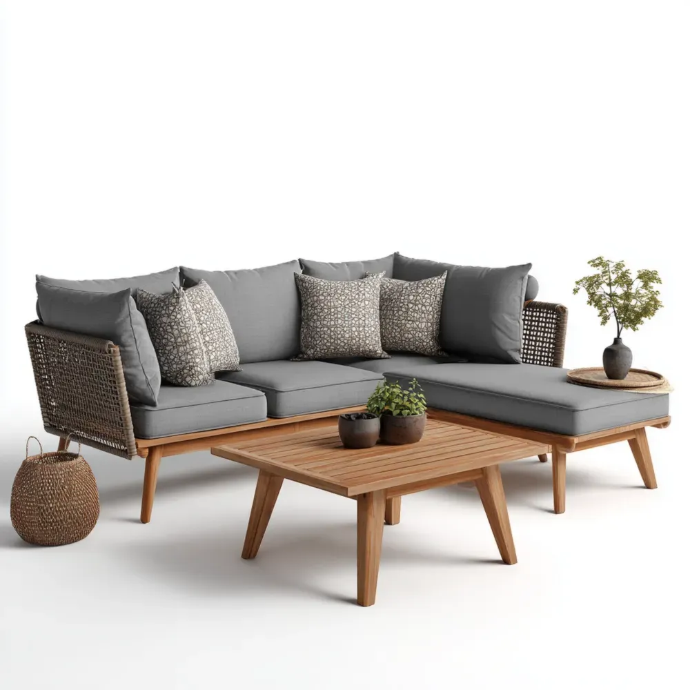Conjunto de sofás de patio de ratán y madera 250x150x80 cm – Gris – Estilo moderno