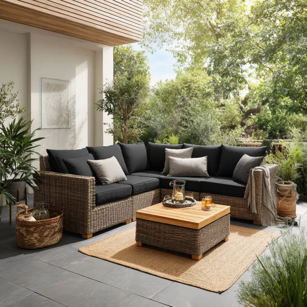 Conjunto de sofás de mimbre para jardín 200x200x80 cm – Negro – Diseño contemporáneo