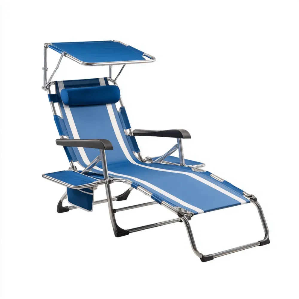 Silla Reclinable de Jardín 160x60x95 cm Almohada Sombrilla - Aluminio y Tela - Azul
