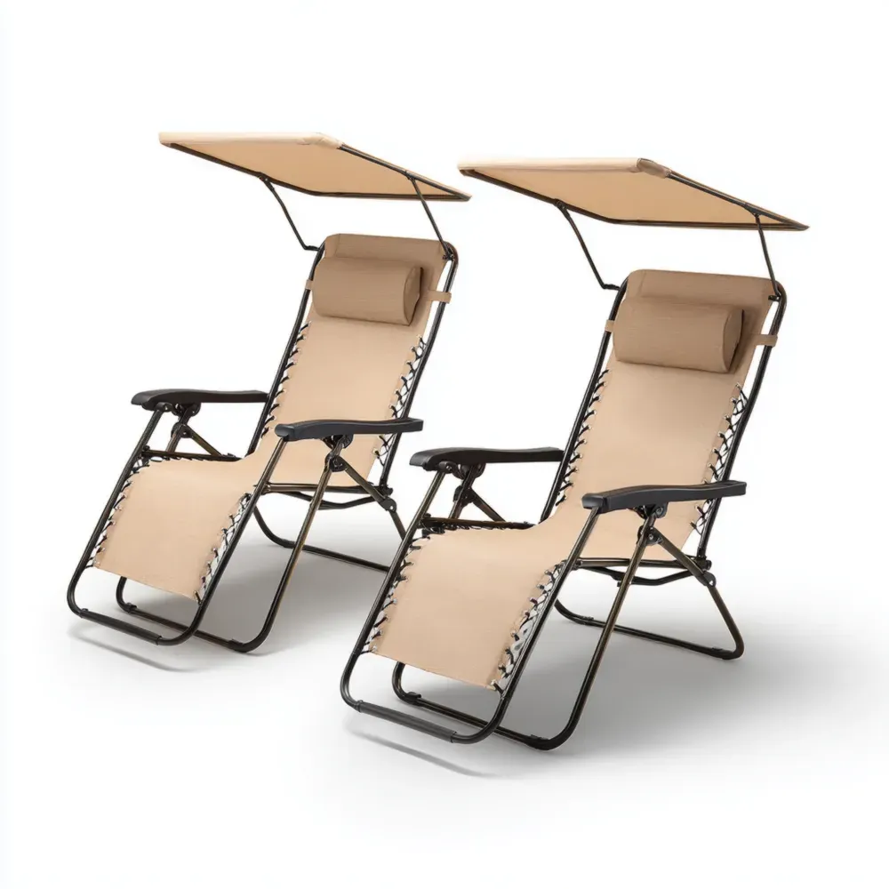 Tumbonas de jardín con toldo y reposacabezas Plegable 178x65x113 cm – Beige – Comodidad Ajustable