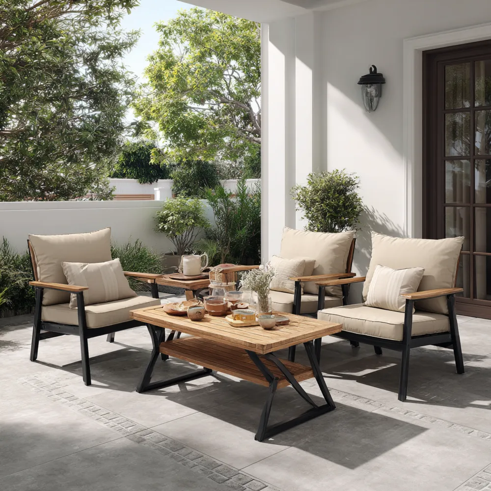 Conjunto de Sofás de Jardín Acero y Madera 75x90x85 cm – Beige – Diseño Moderno