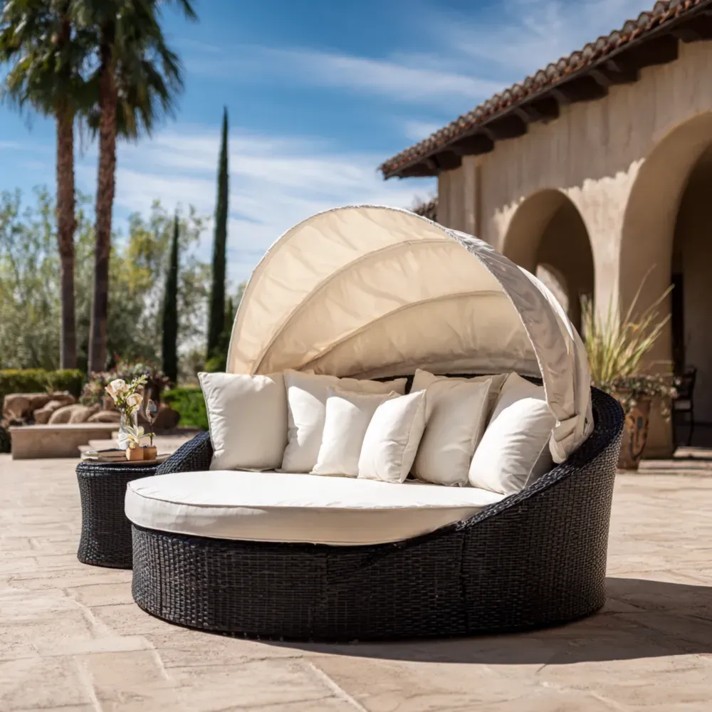 Sillón de Exterior de Mimbre Sintético con Dosel 180x180x150 cm – Beige/Negro – Diseño Elegante