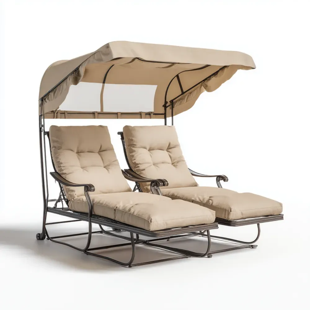 Tumbona de jardín doble con toldo – Acero y tela Beige – 200x135x160 cm – Diseño ergonómico