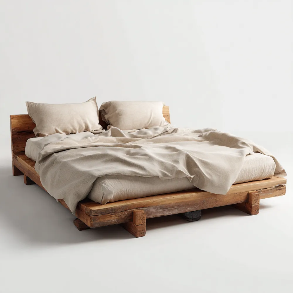 Cama Doble Madera Maciza 200x180x30 cm – Diseño Rústico Natural