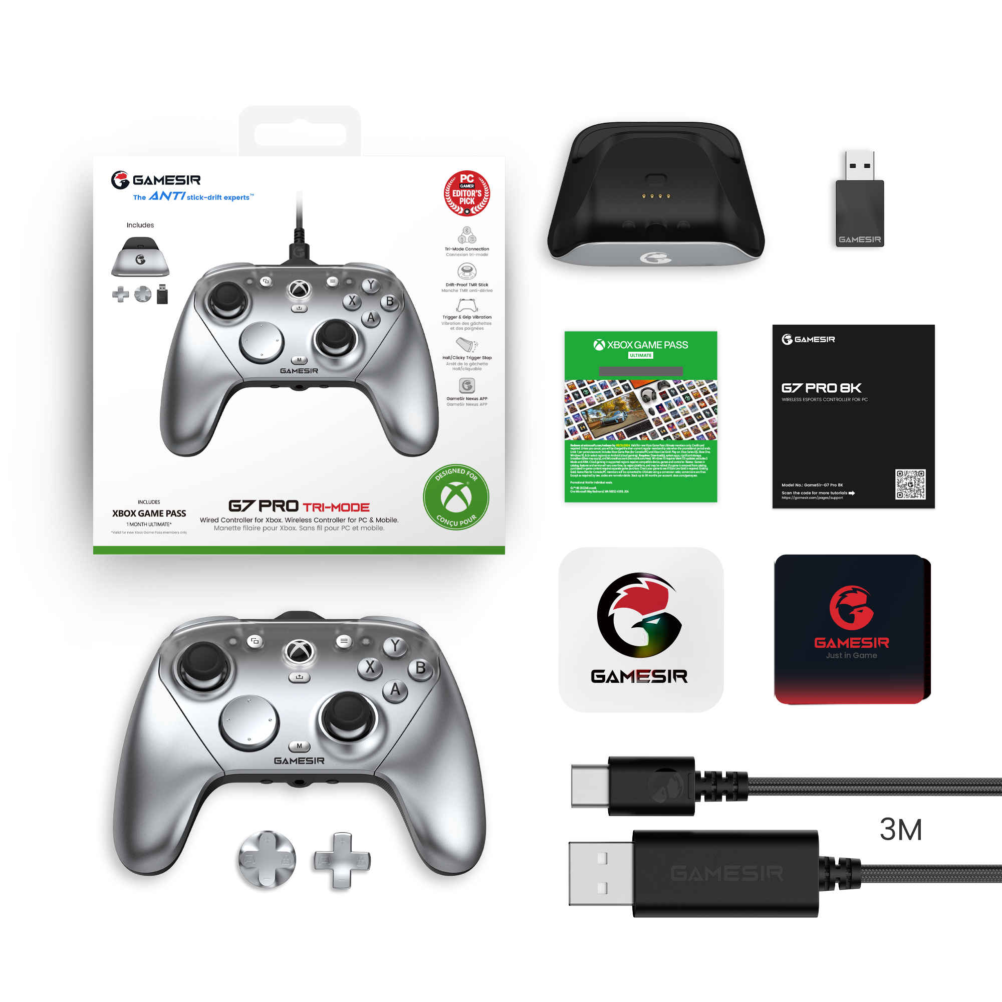 GameSir G7 Pro Tri-Mode Xbox Wired, PC & Mobile Wireless Controller-Metallic Silver