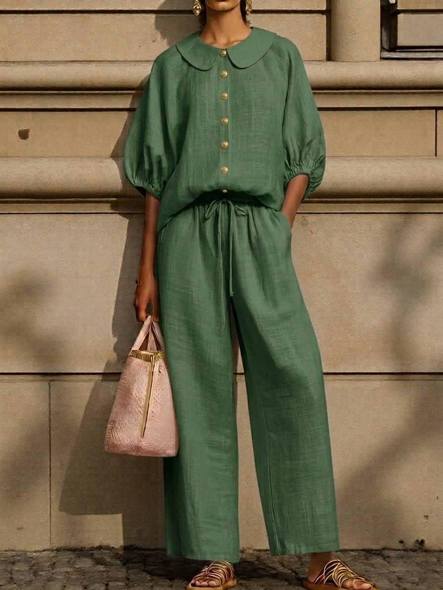 New Arrivals Stylish Peter Pan Collar Shirt And Wide-leg Pant Linen Two-piece Set