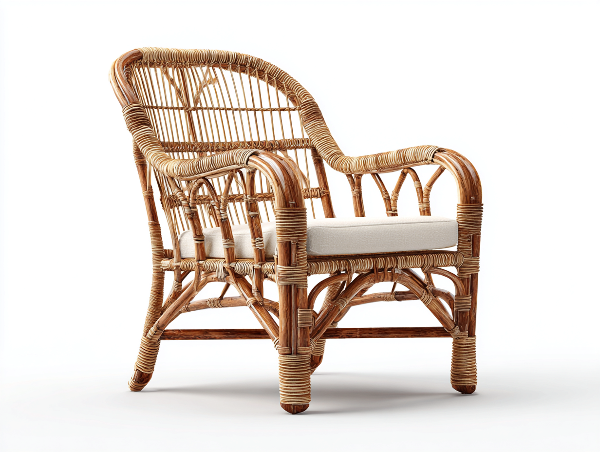 Sillón de ratán natural con cojín 75x70x85 cm marrón claro para interior - estilo natural artesanal-Homiupmart