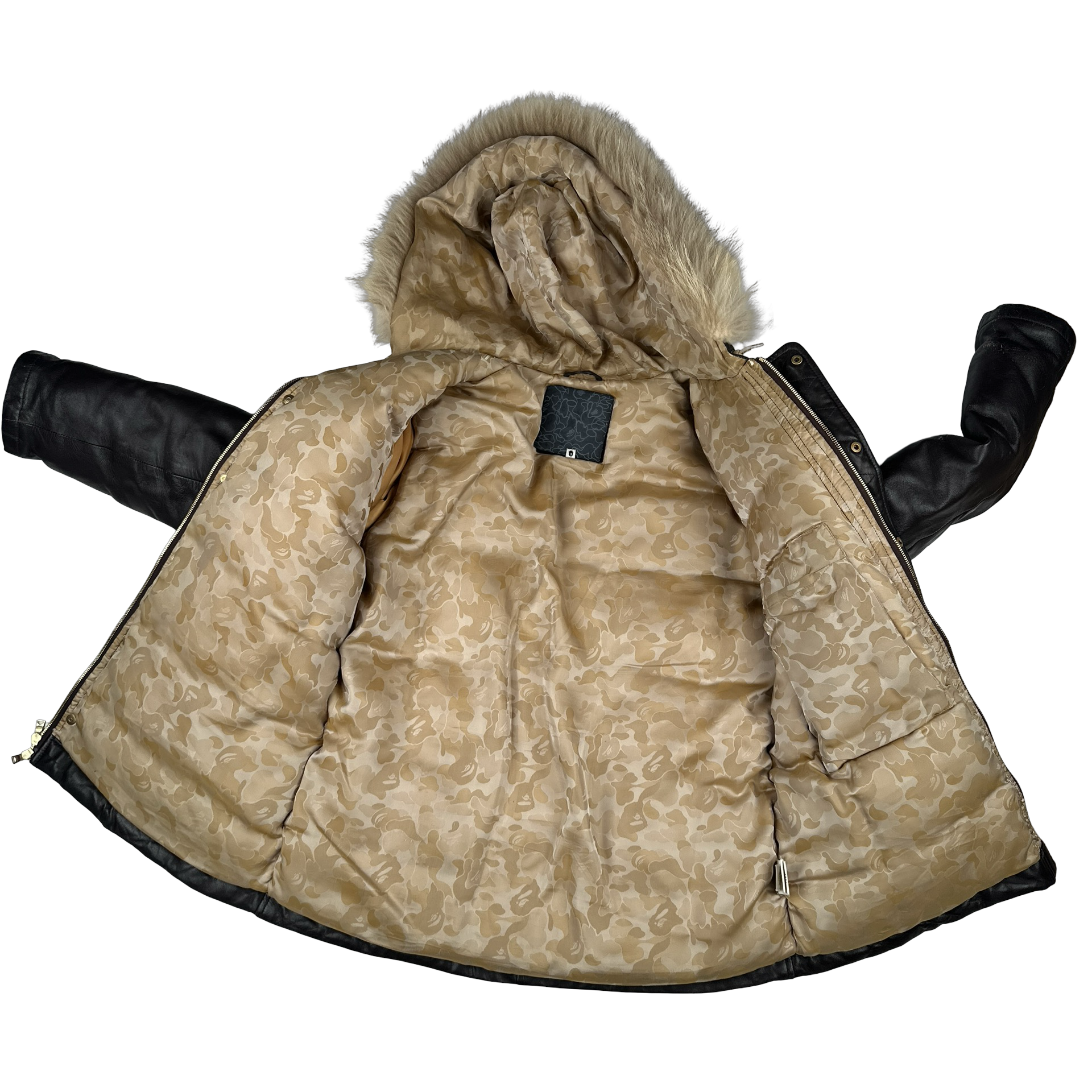 BAPE Nigo Era Brown Heavyweight Leather Fur Hooded Down Filled Jacket