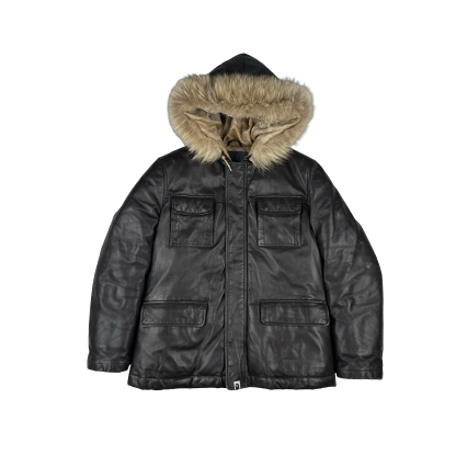 BAPE Nigo Era Brown Heavyweight Leather Fur Hooded Down Filled Jacket
