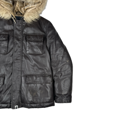BAPE Nigo Era Brown Heavyweight Leather Fur Hooded Down Filled Jacket