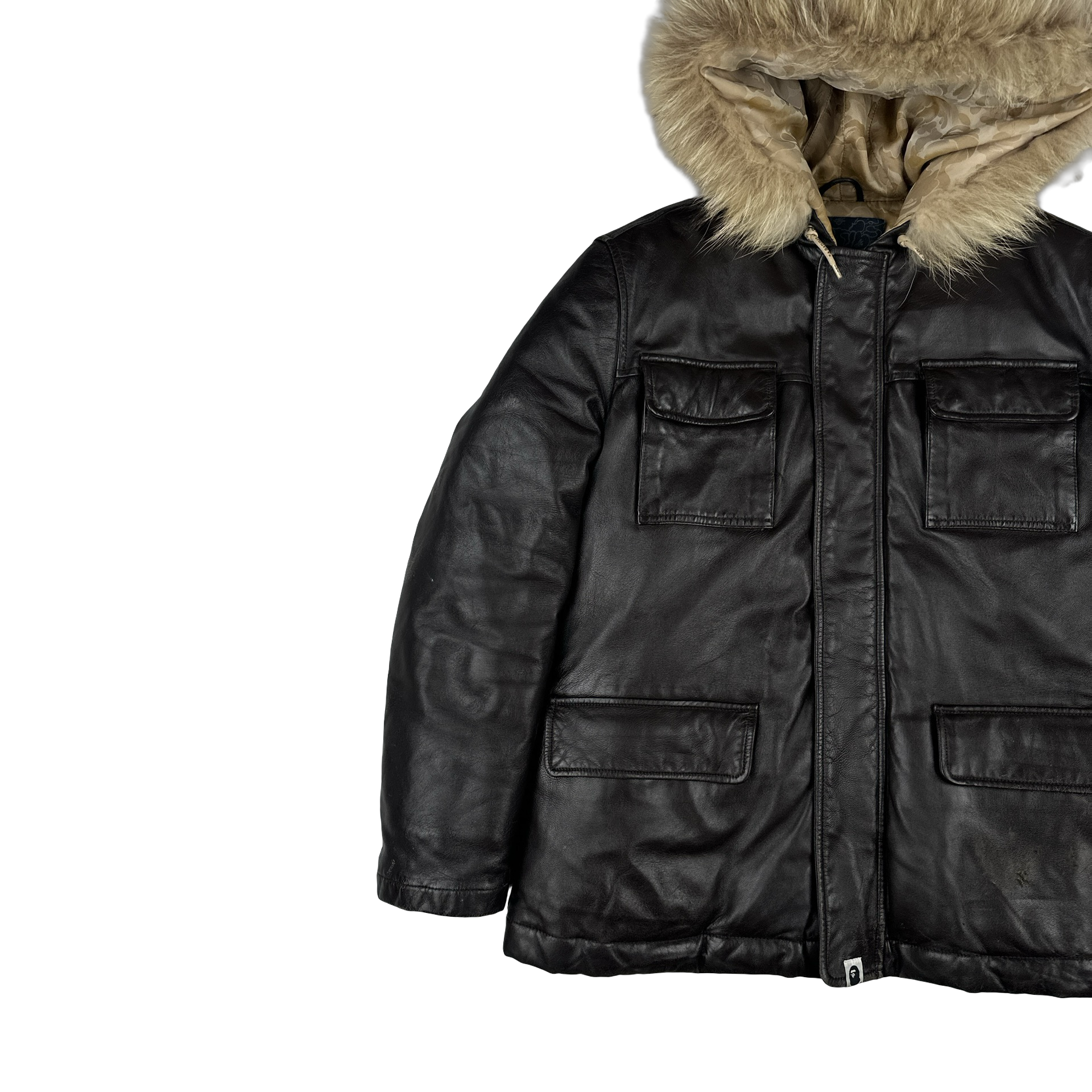 BAPE Nigo Era Brown Heavyweight Leather Fur Hooded Down Filled Jacket