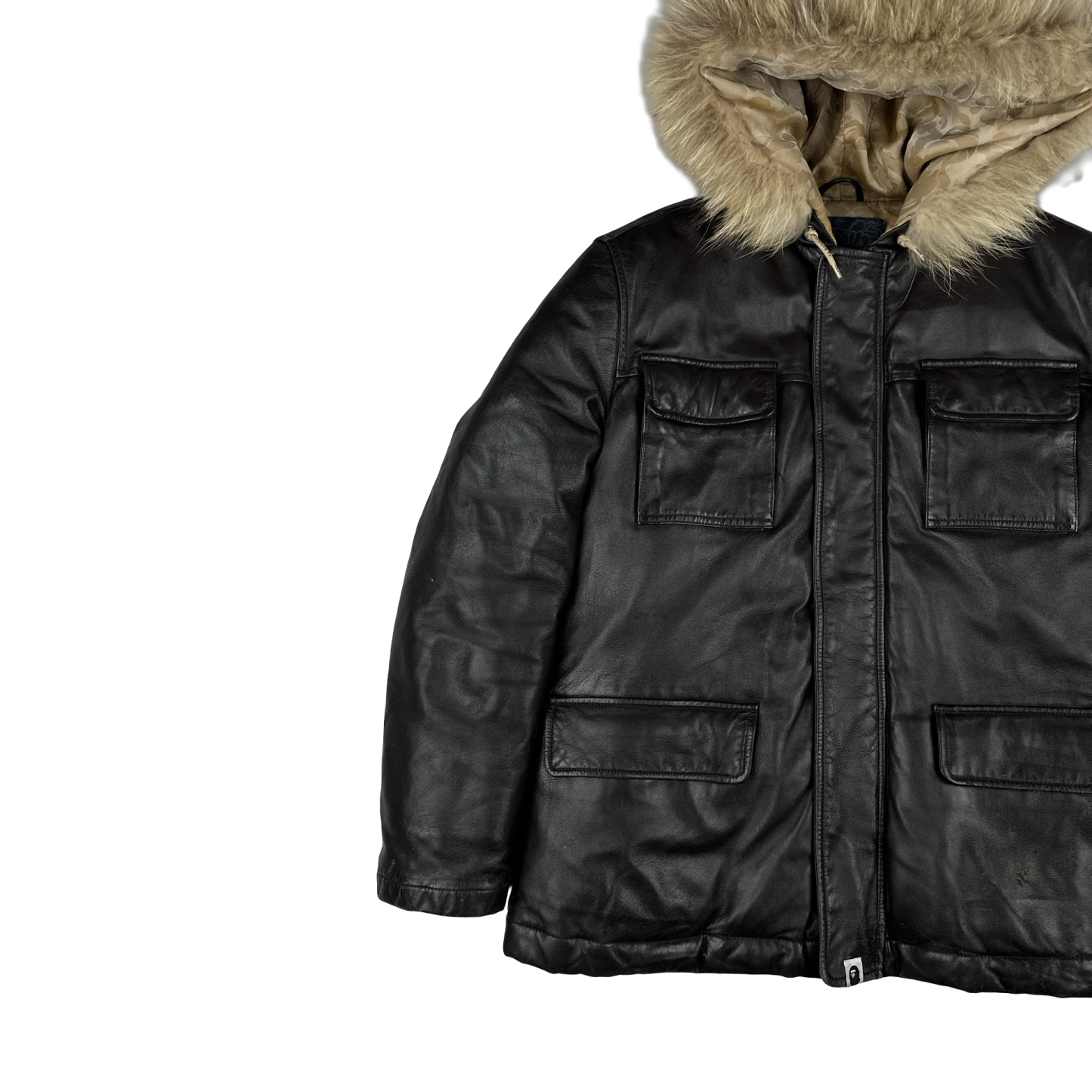 BAPE Nigo Era Brown Heavyweight Leather Fur Hooded Down Filled Jacket