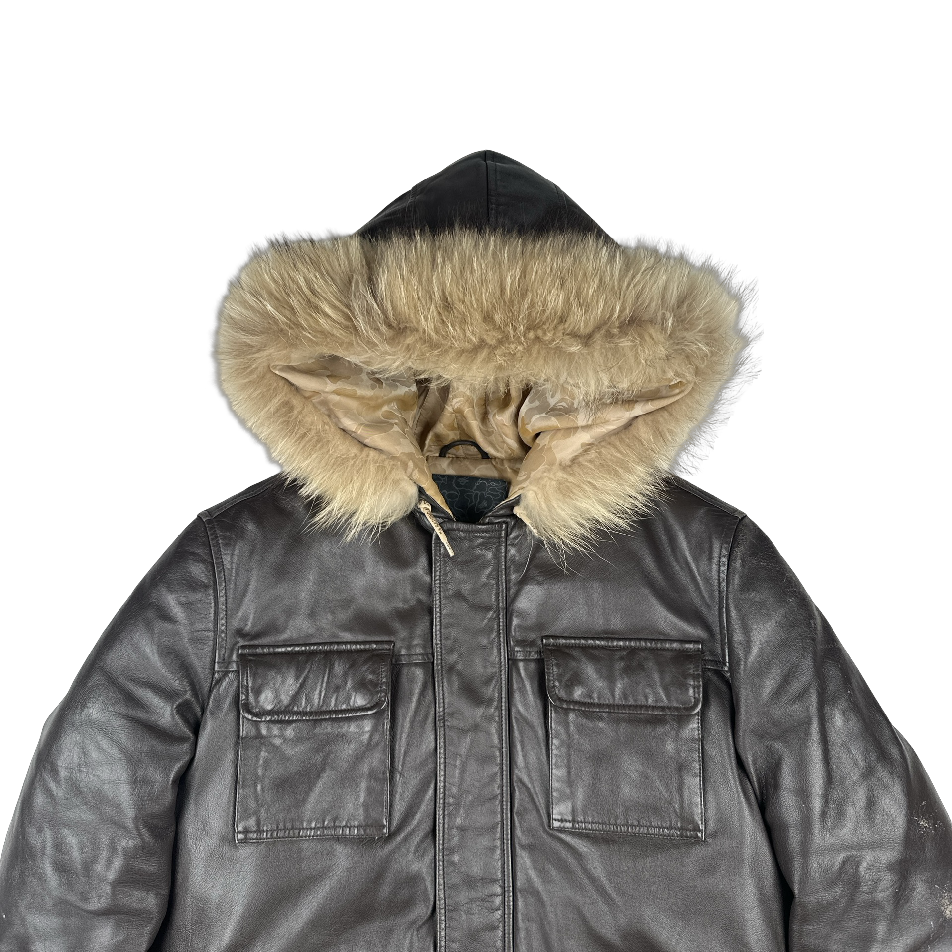 BAPE Nigo Era Brown Heavyweight Leather Fur Hooded Down Filled Jacket