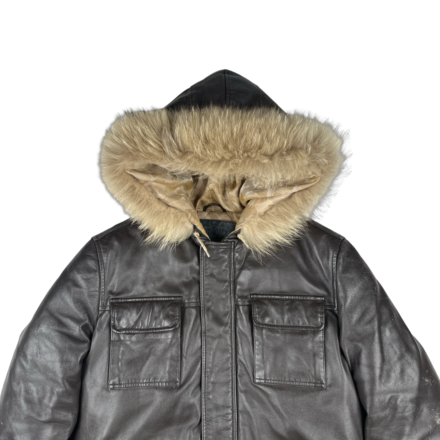 BAPE Nigo Era Brown Heavyweight Leather Fur Hooded Down Filled Jacket
