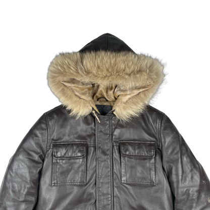 BAPE Nigo Era Brown Heavyweight Leather Fur Hooded Down Filled Jacket