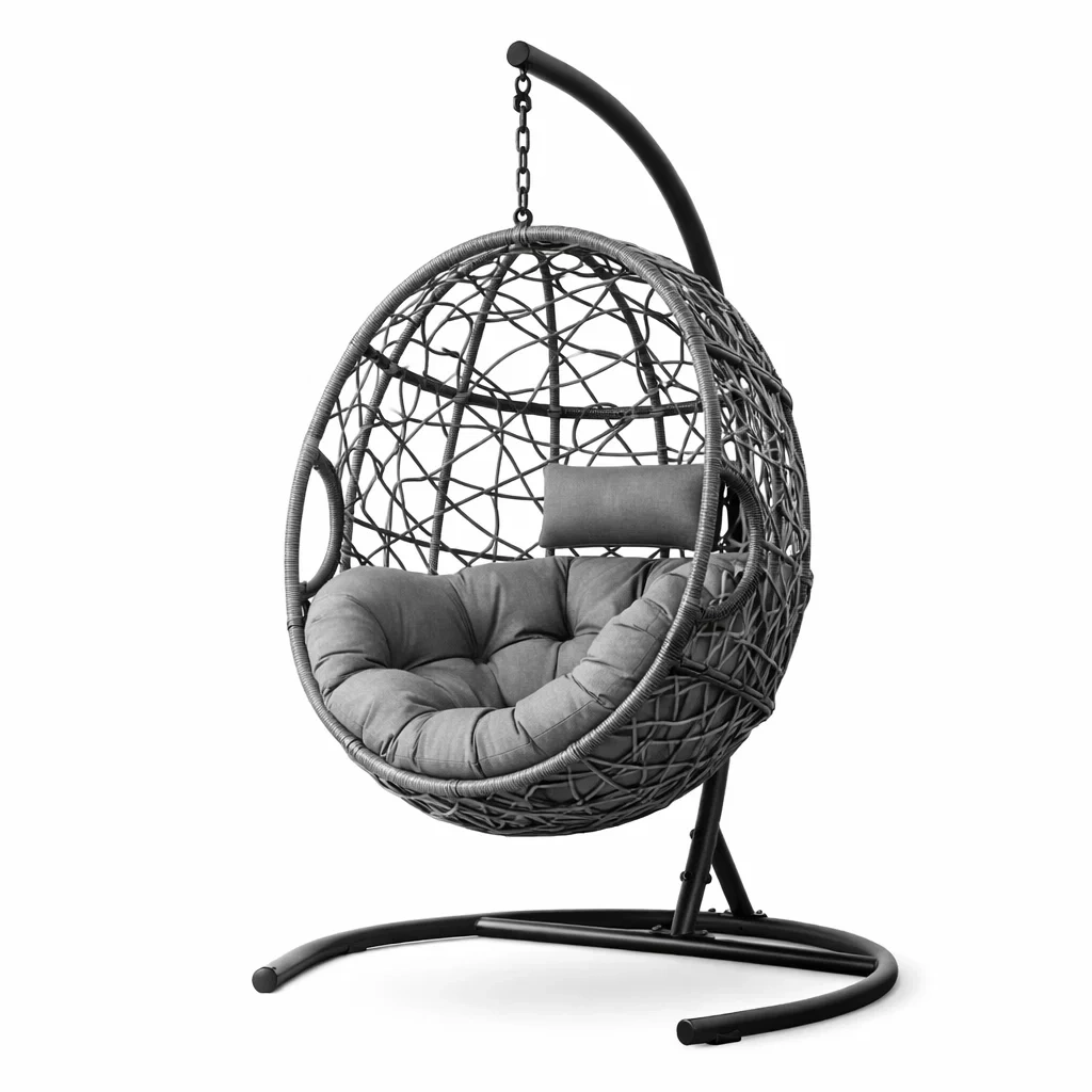 Hängesessel Rattan mit Stahlgestell und Kissen Grau