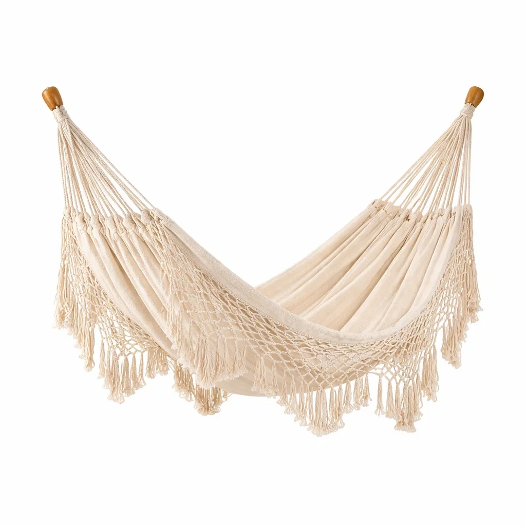 Hängematte Baumwolle Beige mit Makramee Fransen 200 x 150 cm