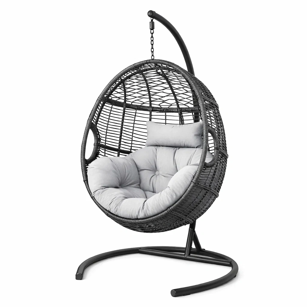 Hängesessel Rattan Schwarz mit Stahlgestell und Kissen