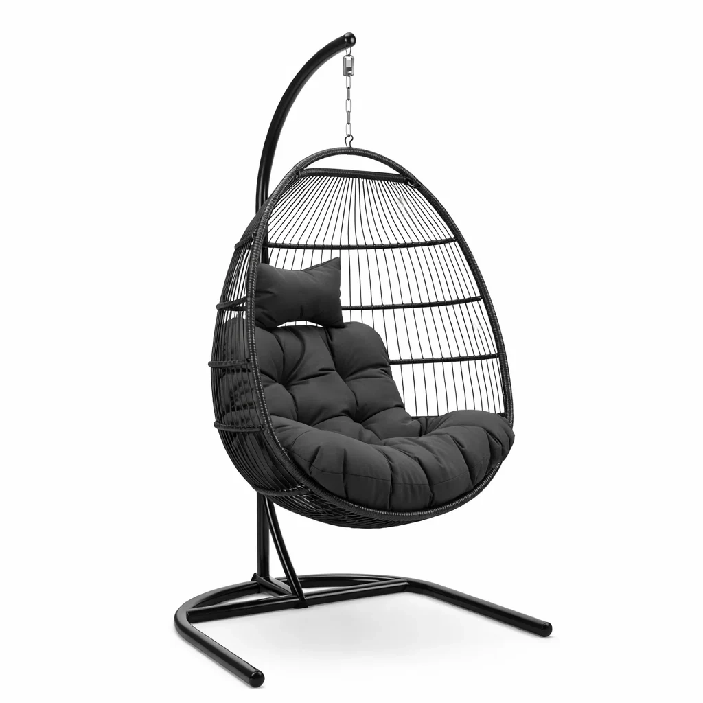 Hängesessel Stahl Rattan Schwarz mit Polyesterkissen