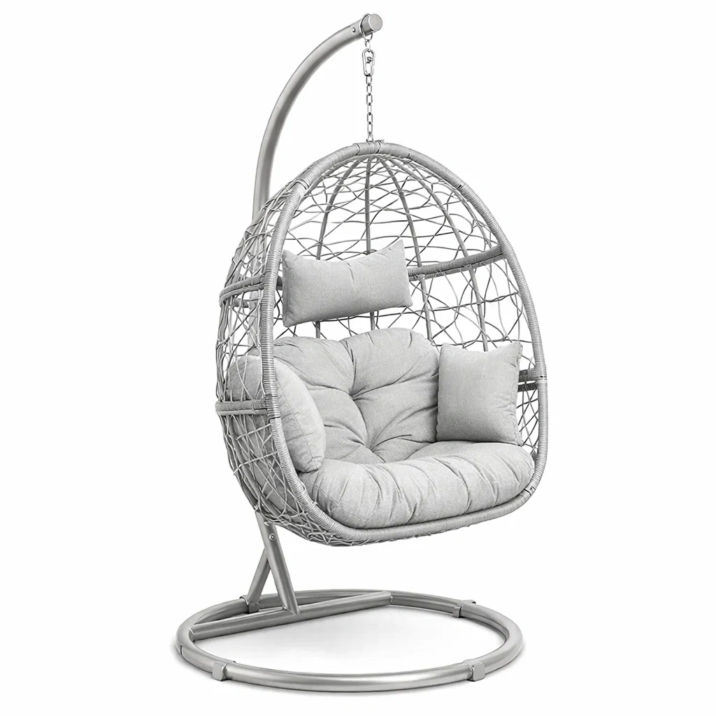 Hängesessel Rattan mit Stahlrahmen und Polsterung Grau