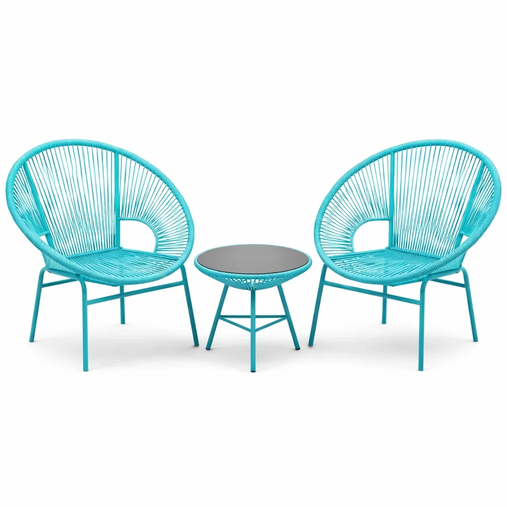 Balkonset Stahl mit Basaltglas Tisch und zwei Polyethylen Stühlen Türkis 3 teilig